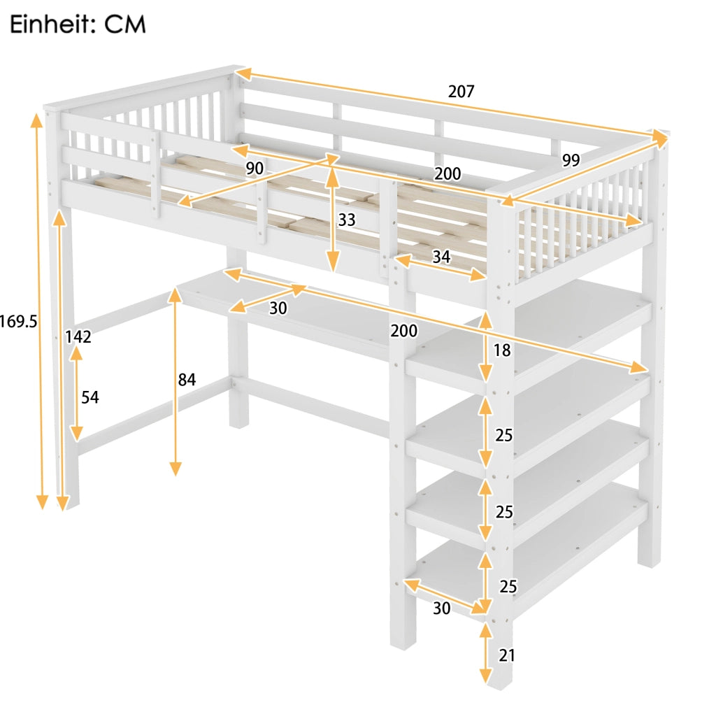 Hochbett 90x200 cm con scrivania e ripiani; in pino e MDF; bianco