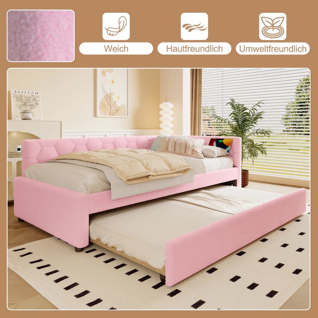 Letto singolo estraibile 90×200 cm con USB; Type-C; lampada; rete; senza materasso; tessuto non tessuto e MDF; rosa