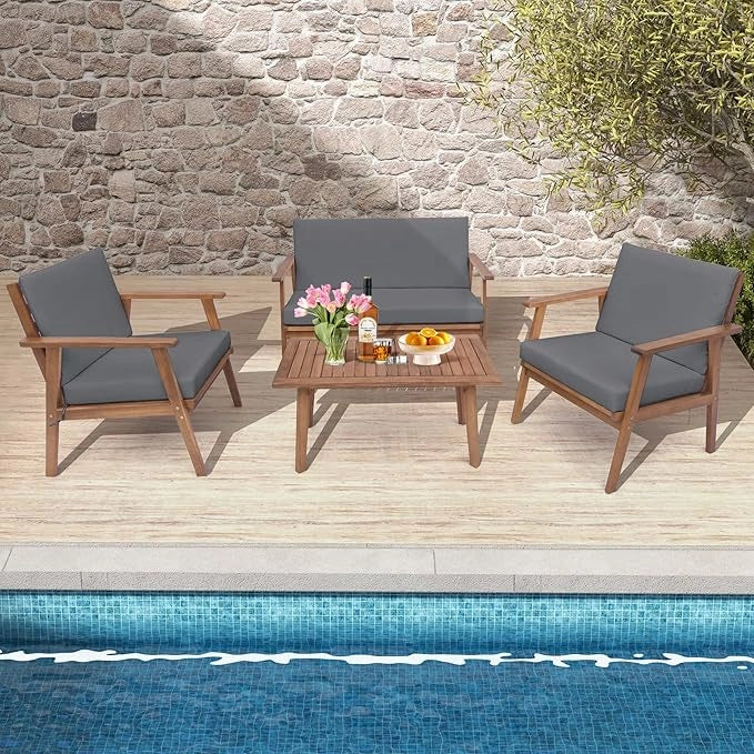 Set di Conversazione da Esterno in 4 Pezzi, Set da Divano in Legno di Acacia con Cuscini Morbidi per Sedile e Schienale, Tavolino da Caffè Rettangolare, per Patio Giardino Piscina (Grigio)