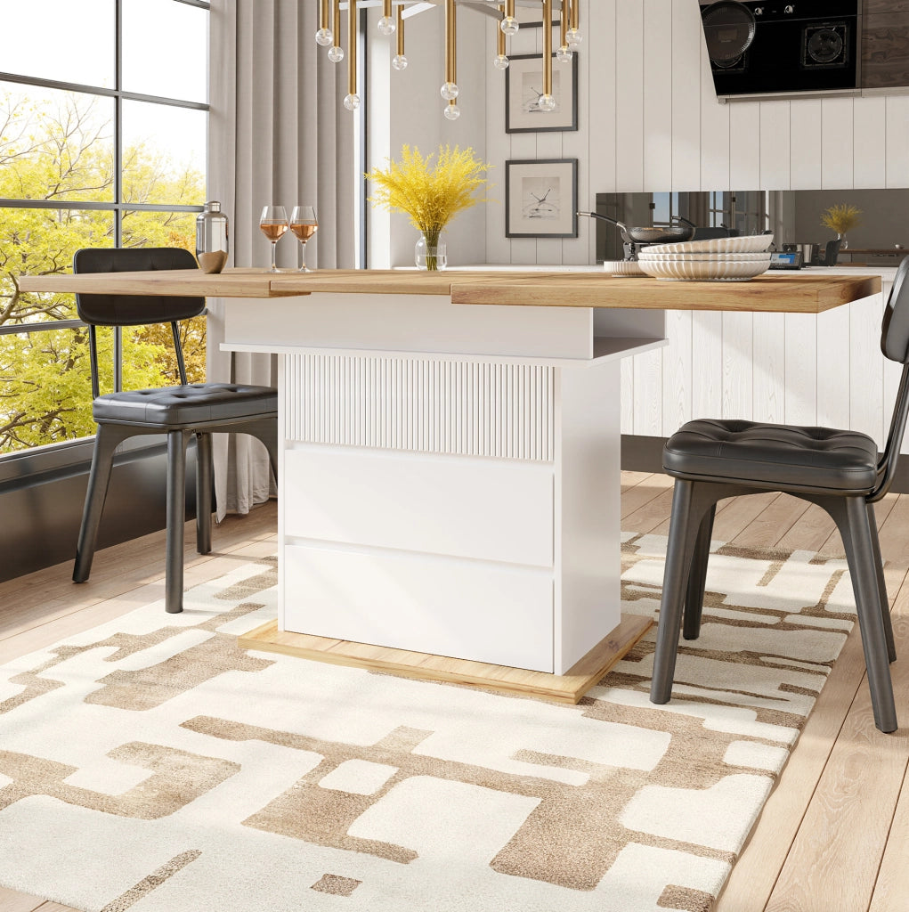 Tavolo da pranzo estensibile 110-140x80 cm in MDF bianco e naturale, 4-6 posti