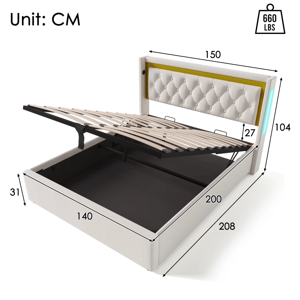 Letto contenitore 140x200 beige con LED, ricarica USB-C e rete a doghe