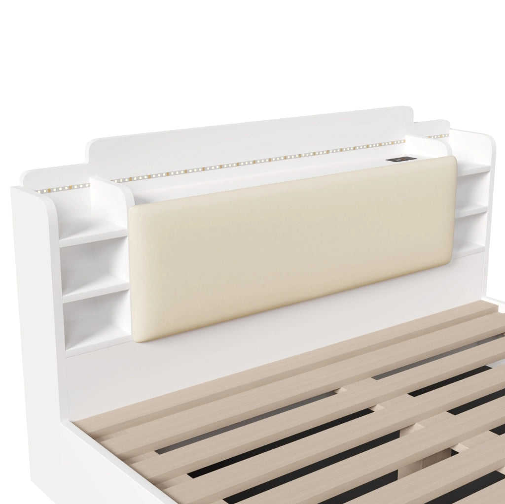 Letto 140x200 cm con contenitore idraulico, LED, USB e USB-C bianco