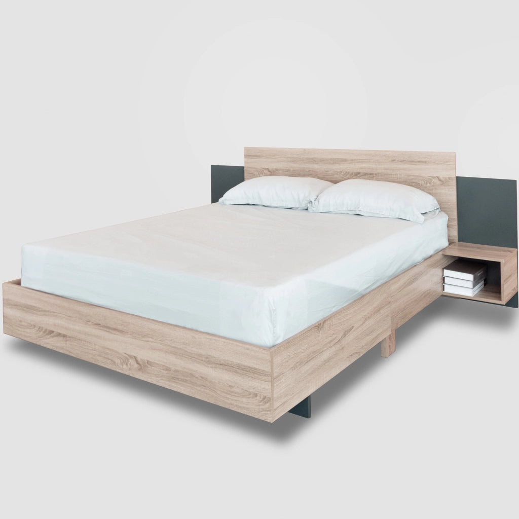 Letto matrimoniale in legno 160x200 cm con 2 comodini sospesi in rovere Sonoma e grigio scuro