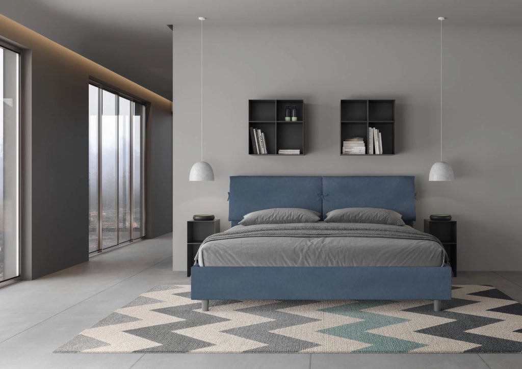 BS COM Letto matrimoniale king size contenitore imbottito 180x200 microfibra blu