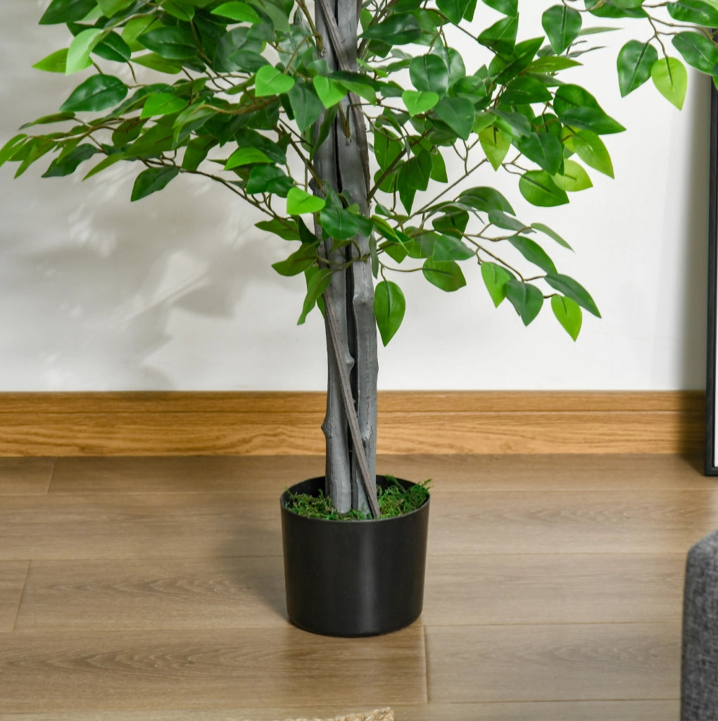 Ficus artificiale ULEVR 135 cm in vaso nero, pianta decorativa verde in plastica con base in cemento