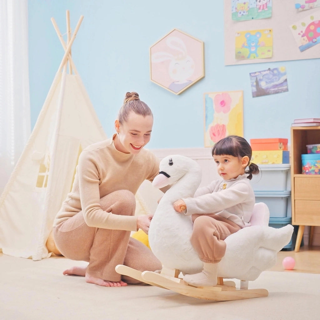 Animale a Dondolo per Bambini a Forma di Cigno 55 cm Peluche e Legno con Cintura di Sicurezza e Musica per Casa