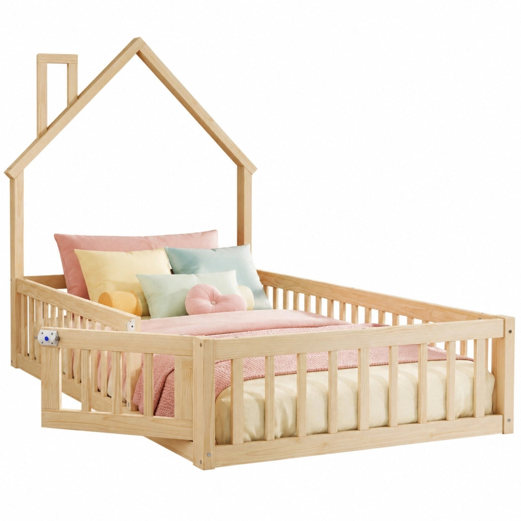 Letto a casetta 90 × 200 cm con struttura a camino rete a doghe e barriera in legno di pino e MDF naturale