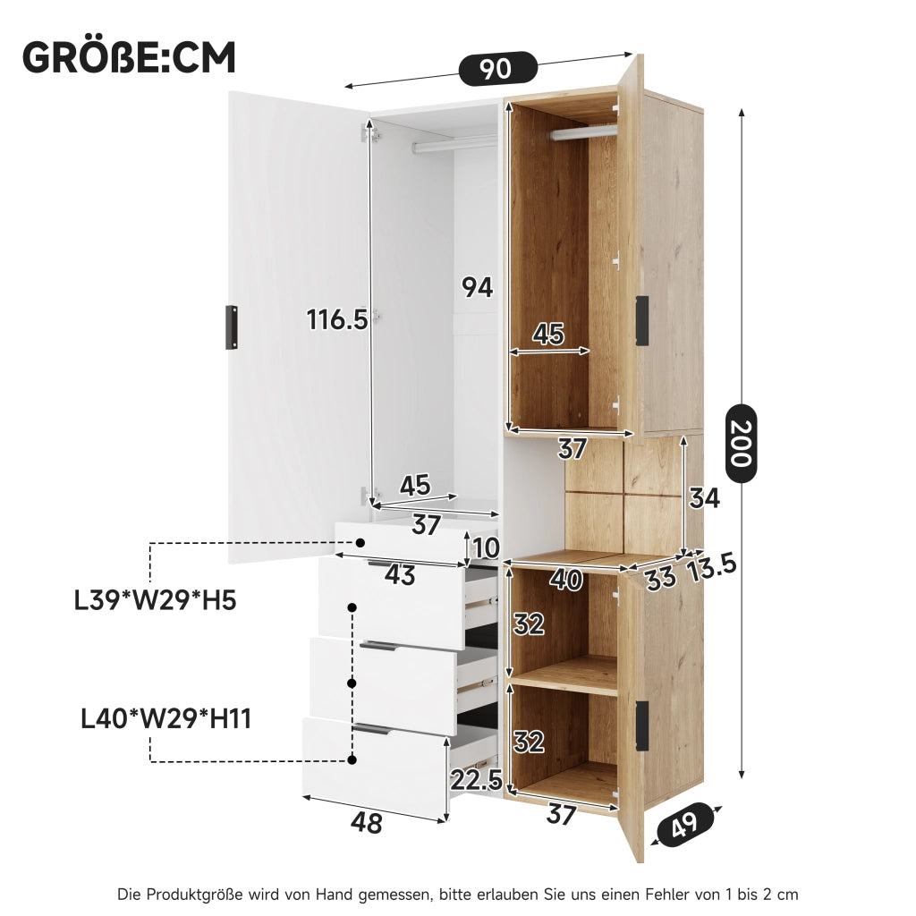 Armadio con 4 cassetti illuminazione LED e vano gioielli in MDF bianco effetto rovere 90 × 49 × 200 cm