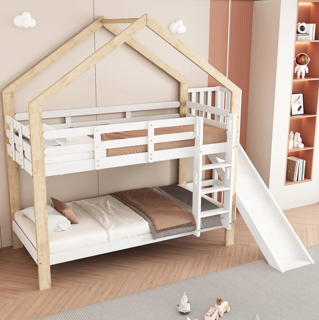 Letto a castello a casetta 90x200 cm con scivolo, scala e protezioni
