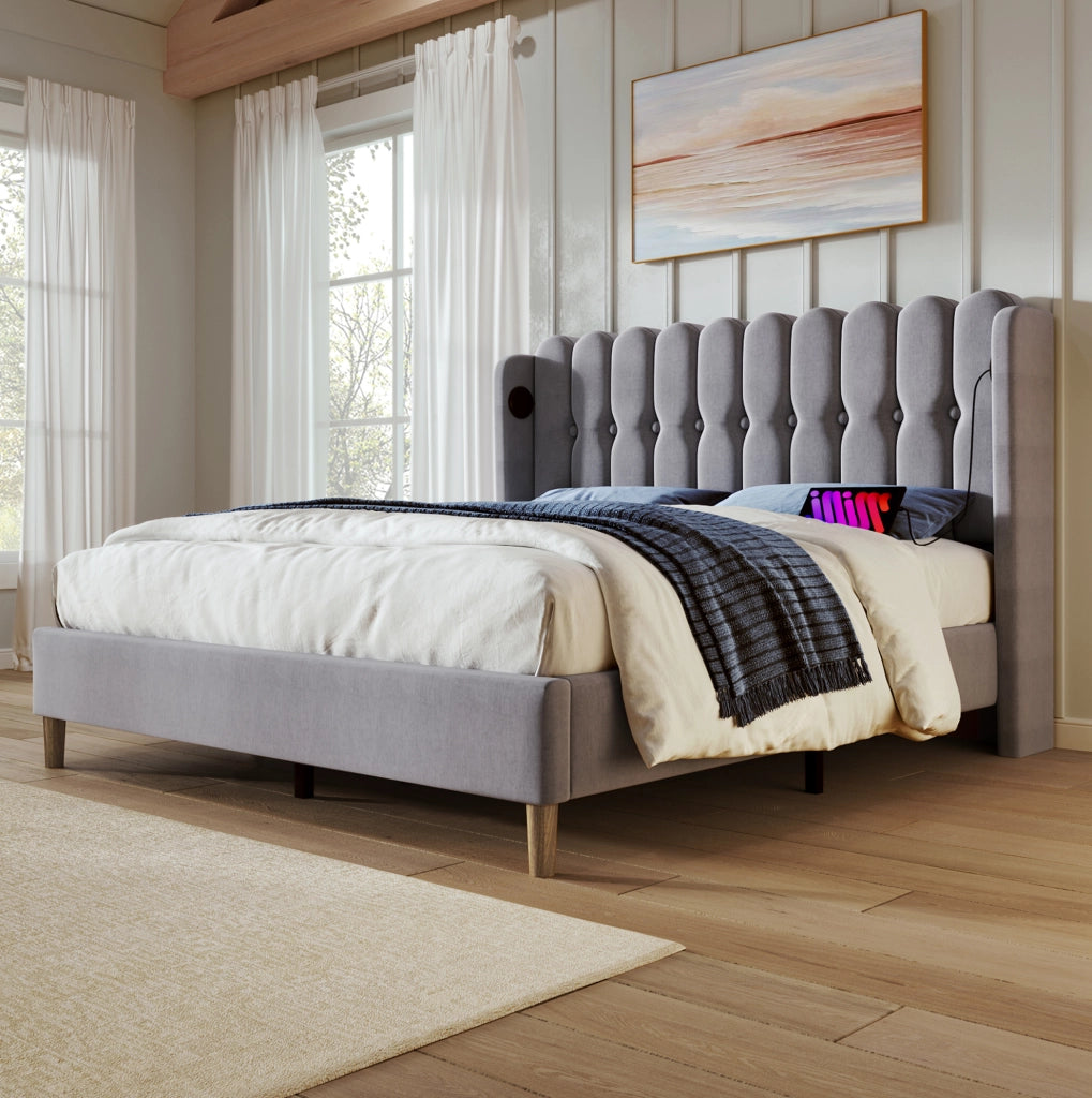 Letto matrimoniale imbottito grigio 160x200 cm con USB e Type-C