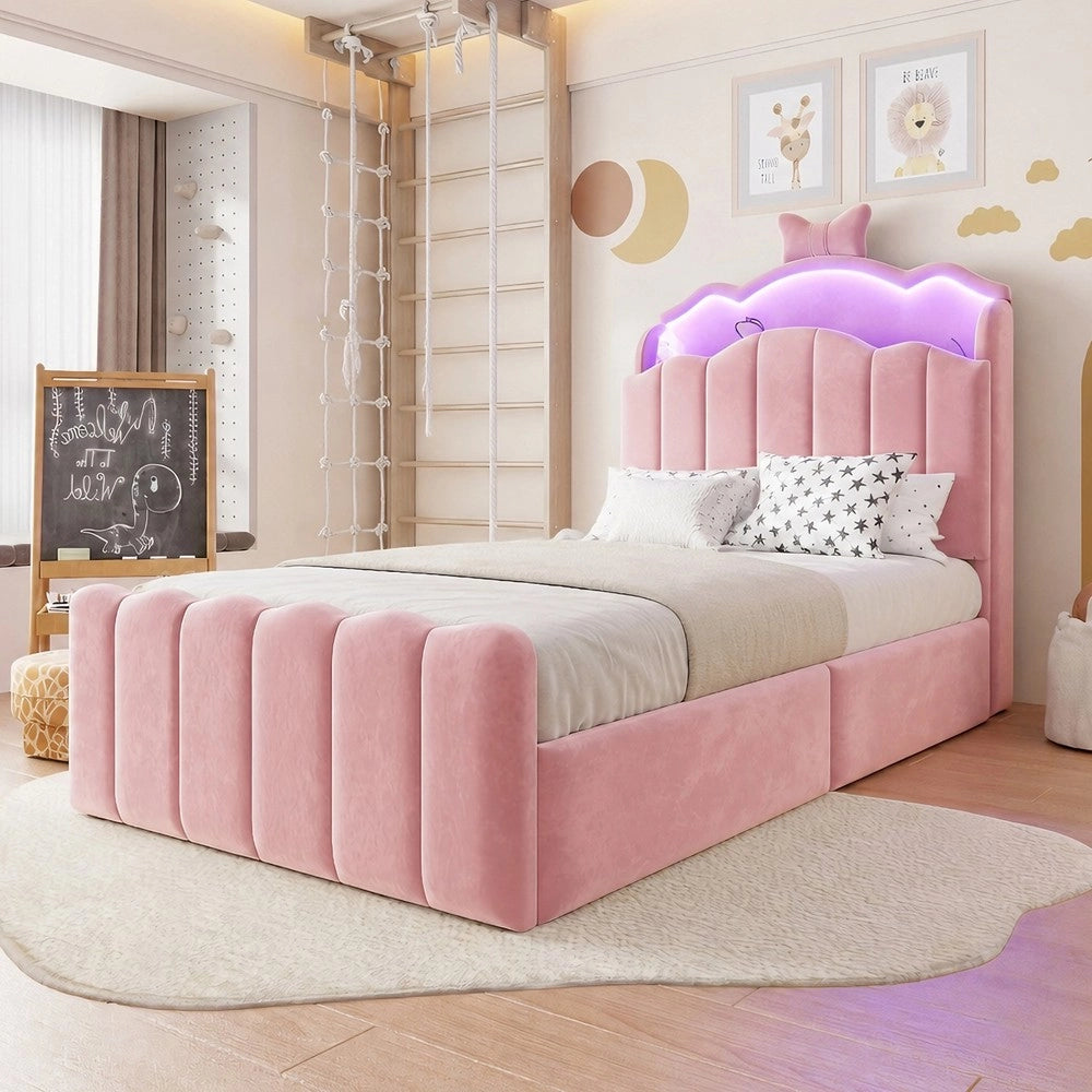 Letto imbottito per bambini con contenitore ¨C Minimal ¨C rosa velluto 90x200cm testiera led idraulico