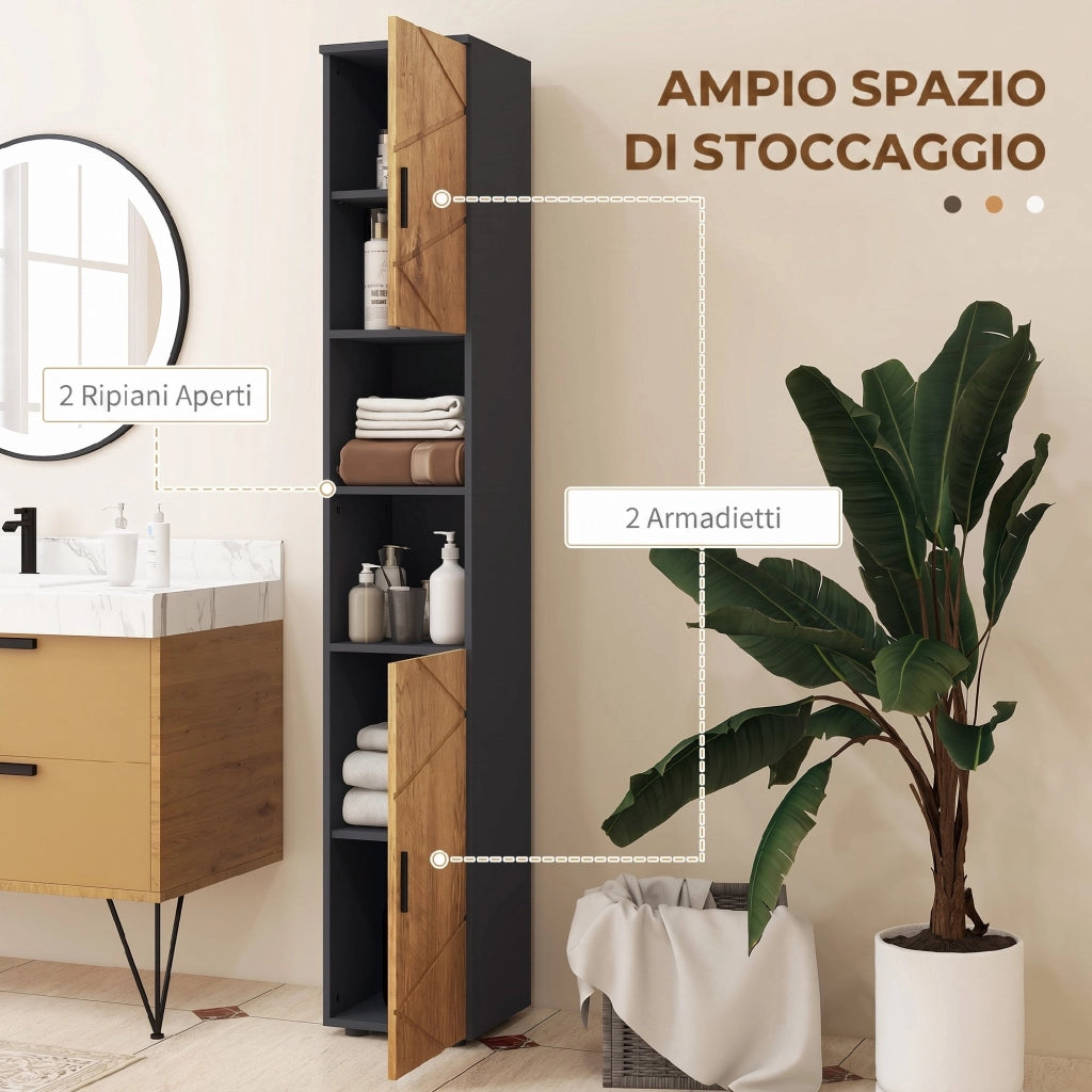 Mobile a Colonna Bagno 30x30x183 cm con 2 Ripiani Aperti e 2 Armadietti a 2 Livelli in Truciolato Rovere