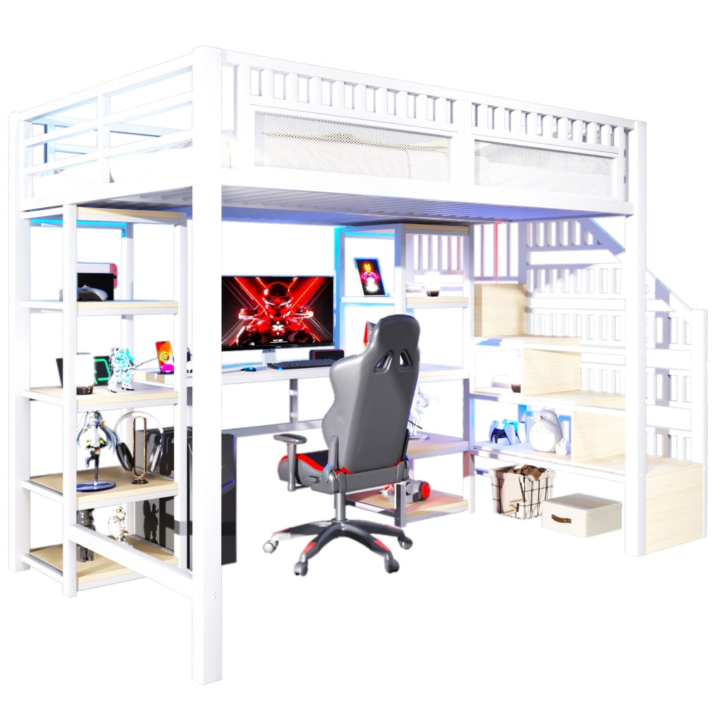 Letto a soppalco 140x200 cm con scrivania; scala contenitore; LED e USB bianco HOMVRA
