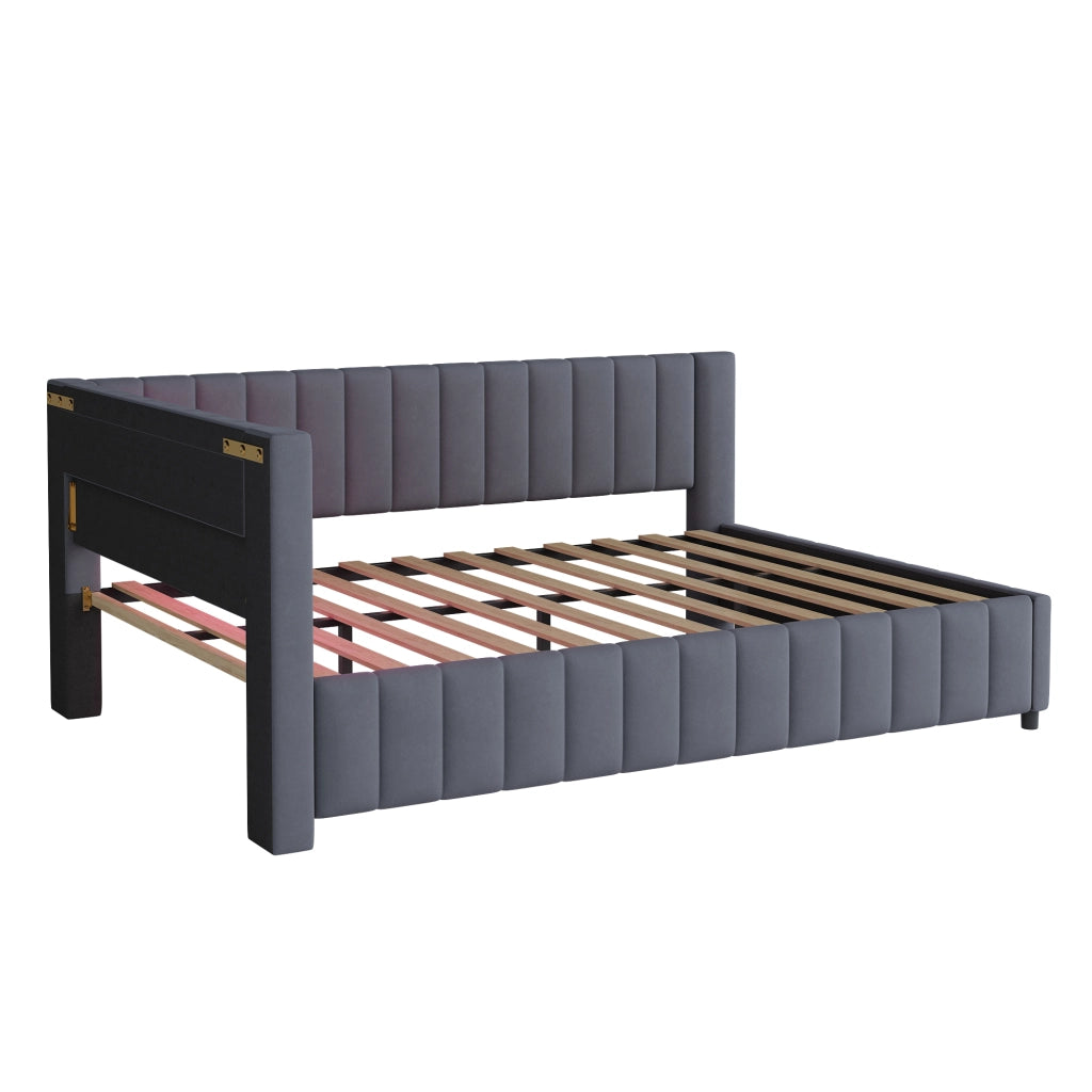 Divano letto 140 × 200 cm a L rivestito in velluto grigio con LED multicolore; USB; testiera e schienale