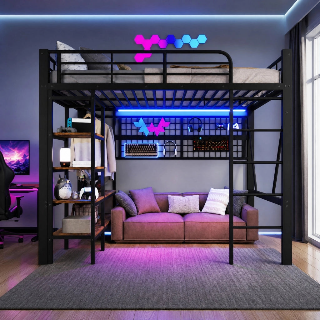 Letto a soppalco 140 × 200 cm con luci LED app ripiano rete appendiabiti metallo MDF nero senza materasso