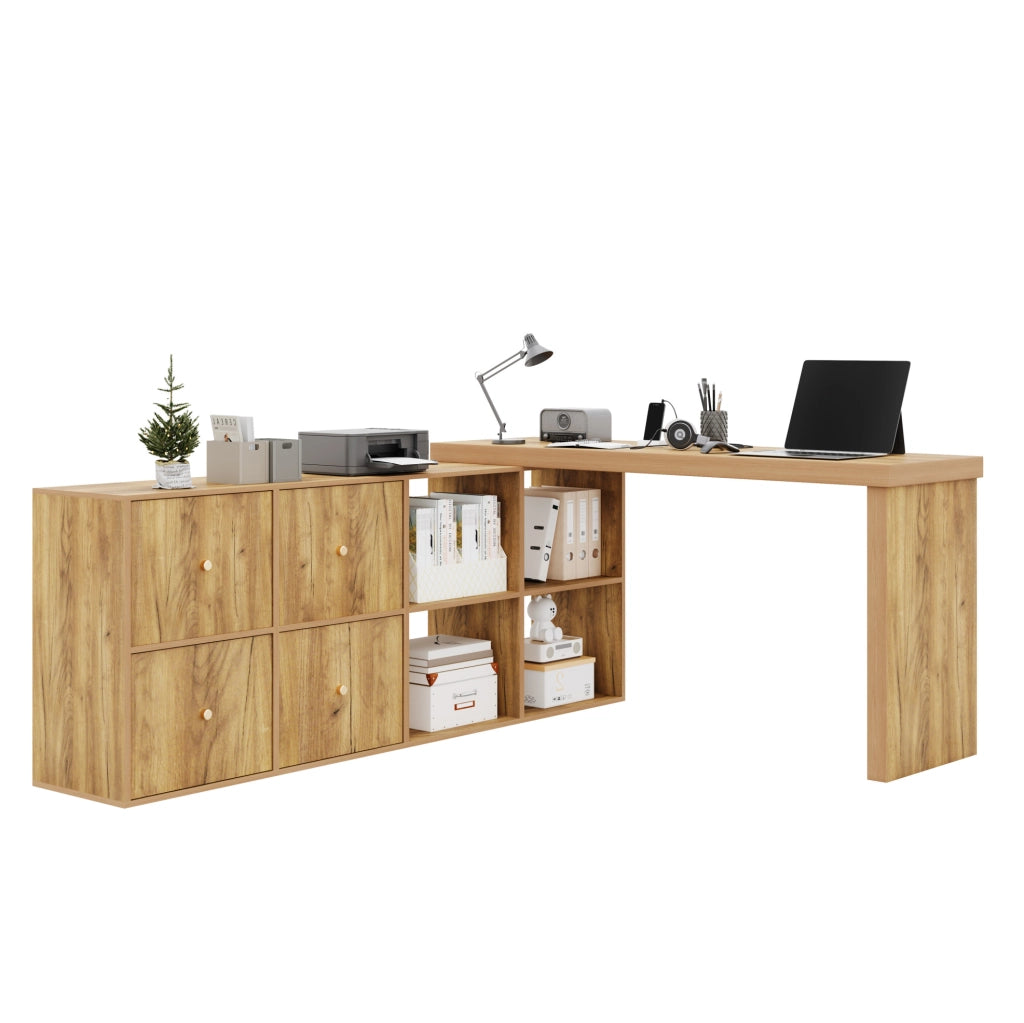 Scrivania girevole a 360° con 4 cassetti e 4 vani in MDF effetto rovere