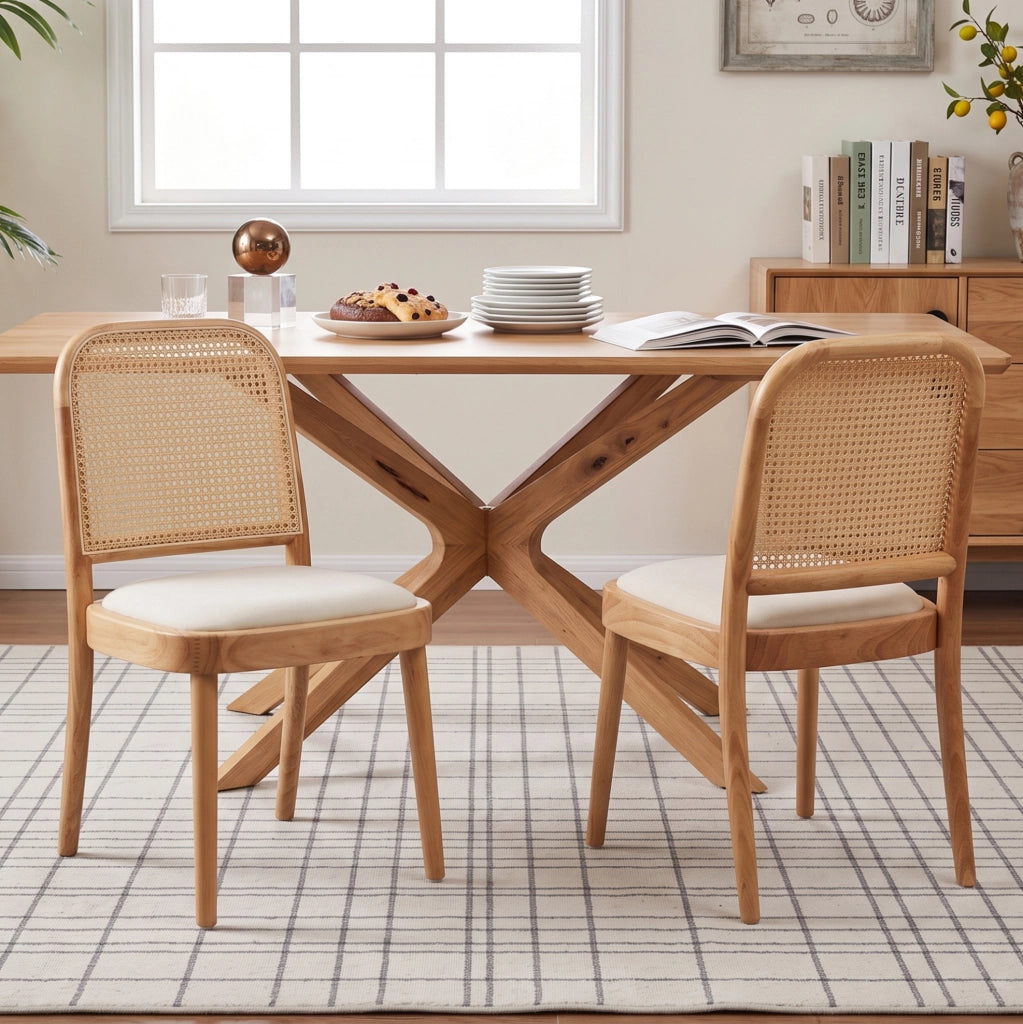 Set 4 sedie da pranzo in legno massello con schienale in rattan e seduta in lino; color legno HOMVRA