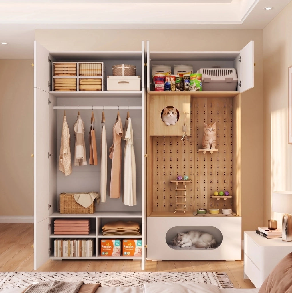 Armadio multifunzione 2-in-1 con parete arrampicata per gatti, 180x50x200 cm, bianco e effetto legno