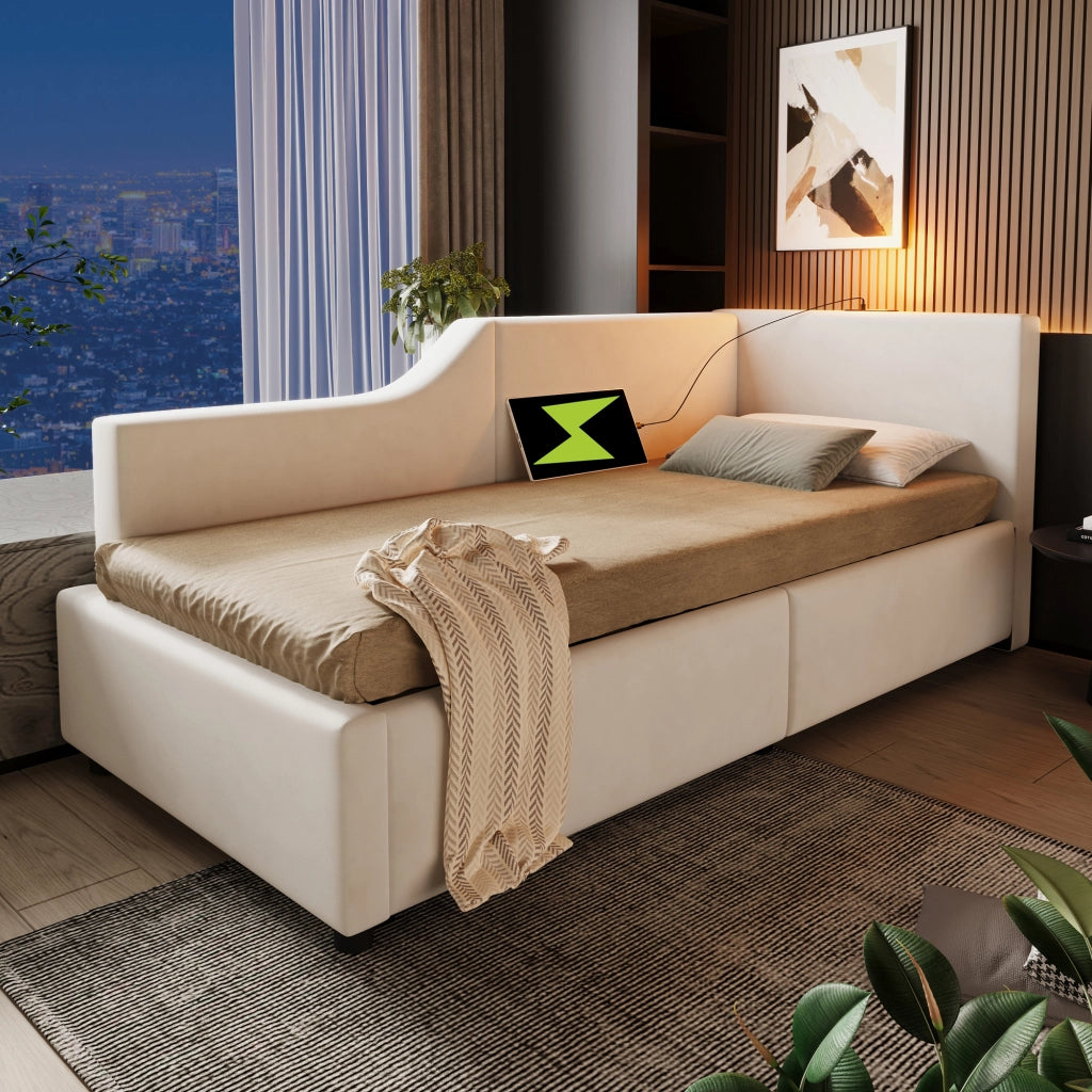 Letto singolo daybed 90 ¡Á 190 cm contenitore in velluto beige con luce da lettura e ricarica USB-C