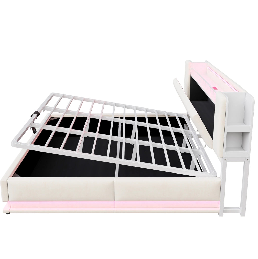 Letto imbottito 180x200 cm con illuminazione LED, porta USB e spazio contenitivo idraulico, rivestimento in morbido velluto beige, struttura in metallo