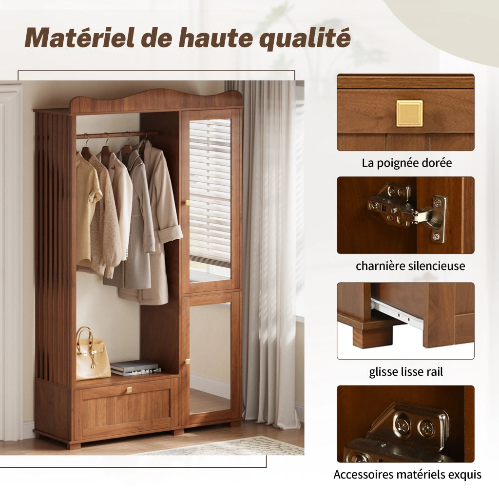 Guardaroba aperto con specchio intero barra appendiabiti ante e cassetti in MDF color noce 115.5 × 38.5 × 194.5 cm