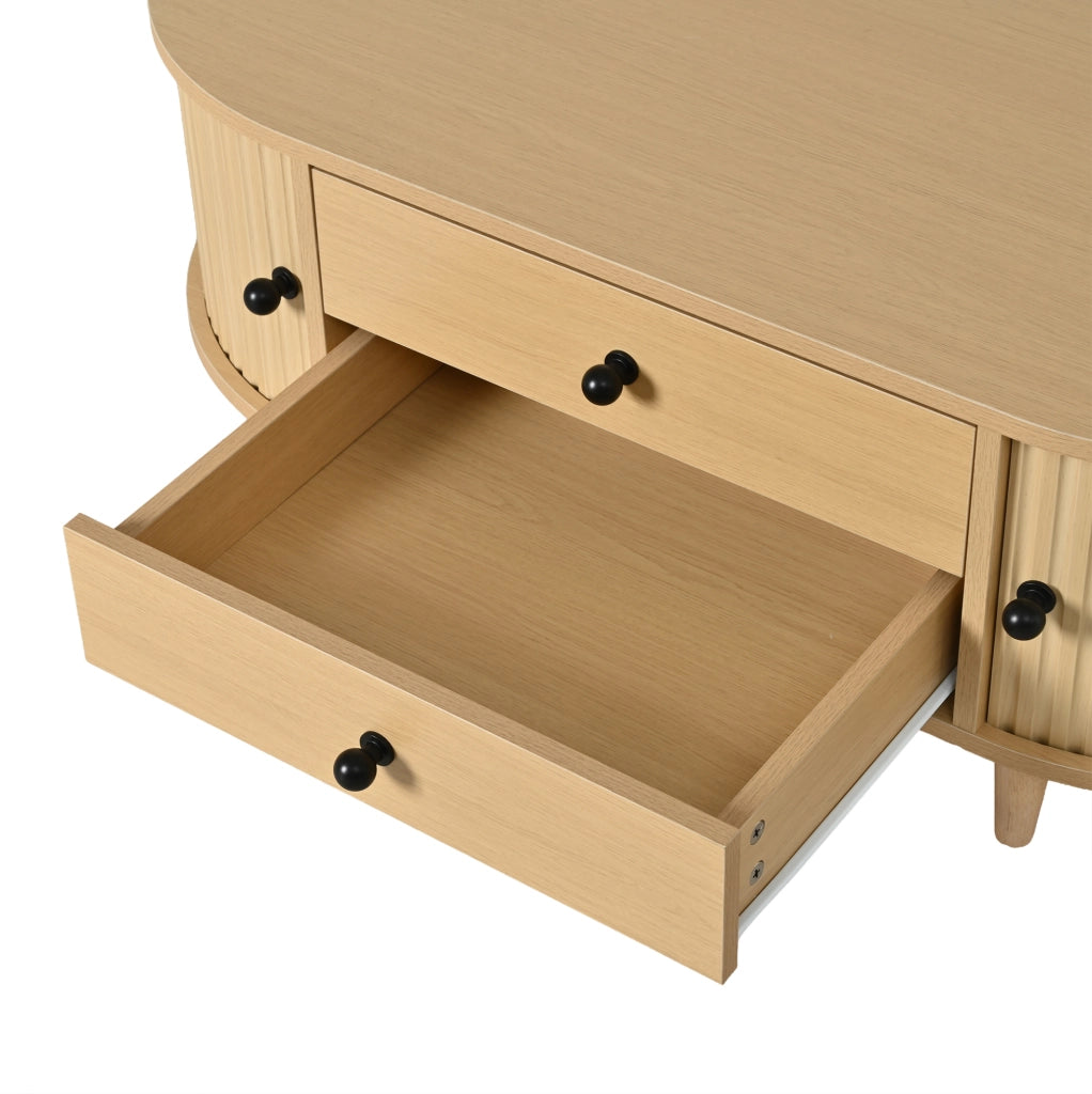 Tavolino da salotto 100x50 cm con 2 cassetti e ante avvolgibili; MDF effetto legno naturale HOMVRA