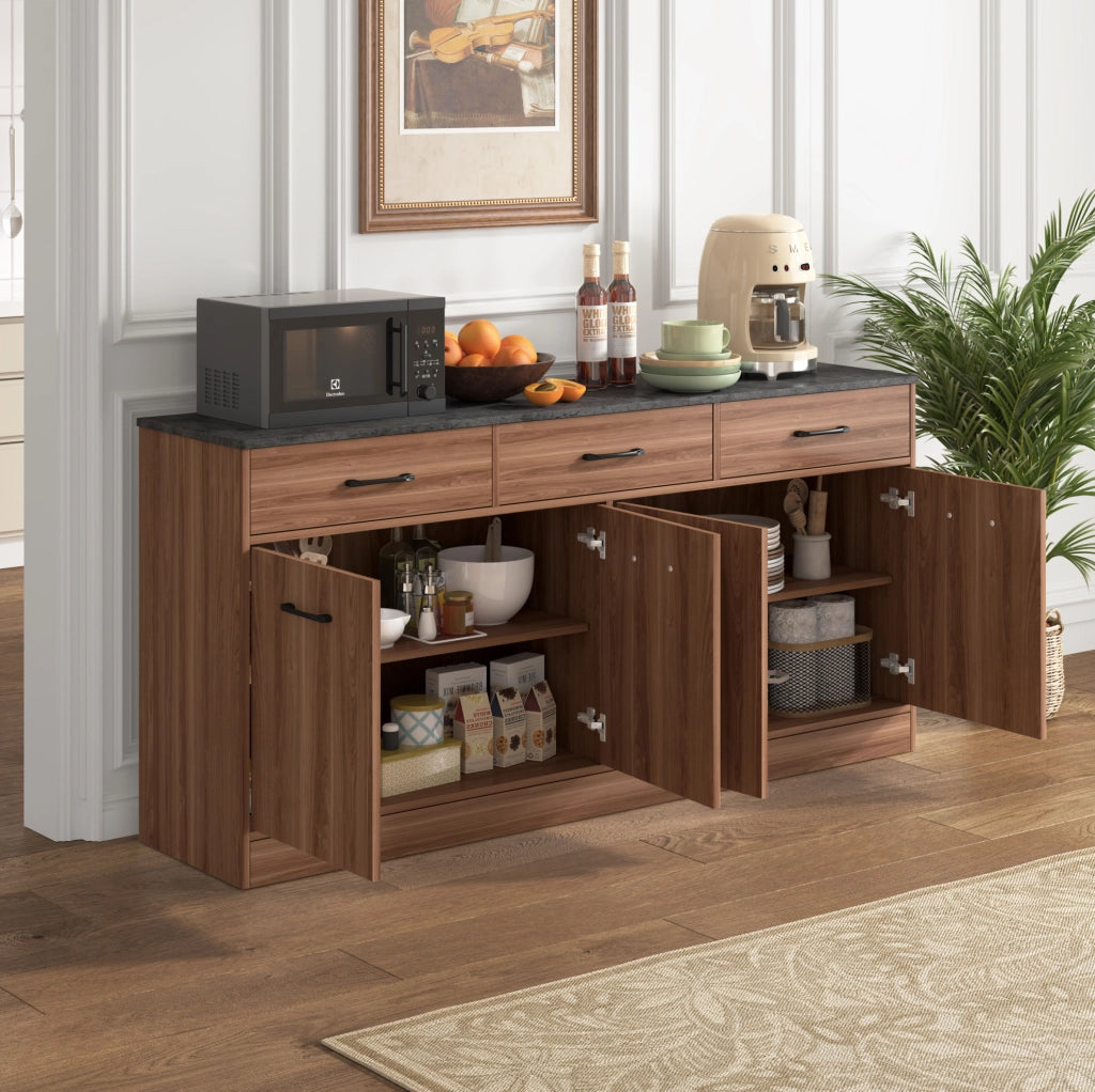 Credenza da cucina con 3 cassetti e ripiani regolabili; MDF colore noce