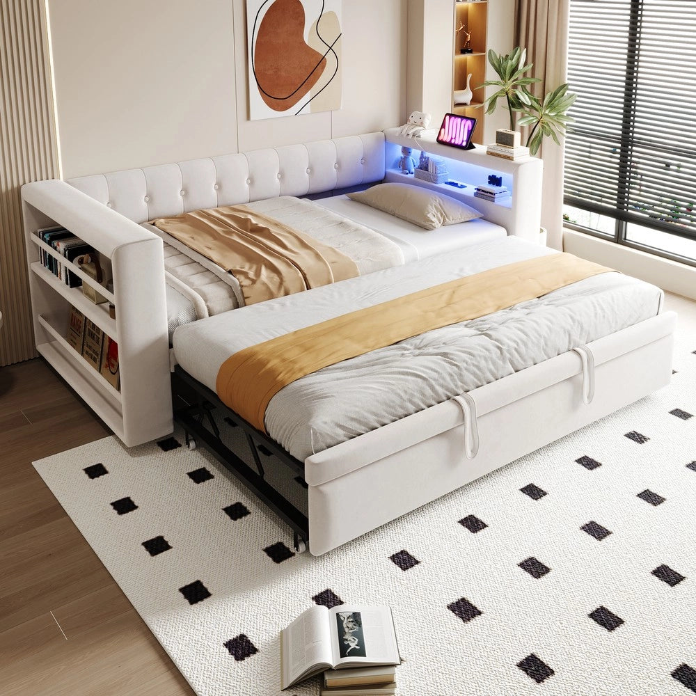 Letto imbottito 90x180x190 cm - Zephmum - LED, prese, ampio stoccaggio, beige