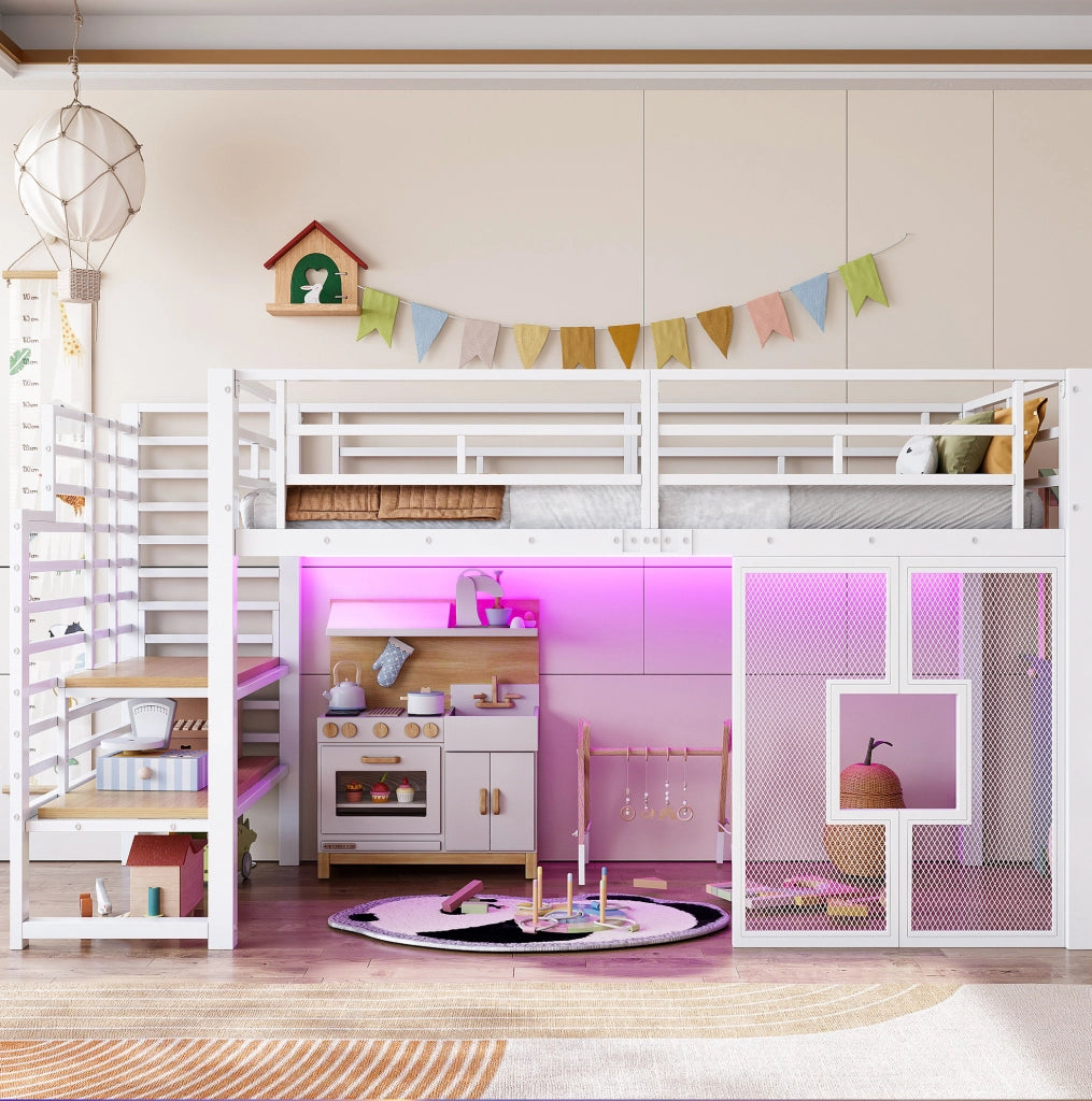 Letto a soppalco 90x200 cm in metallo e MDF con scala LED