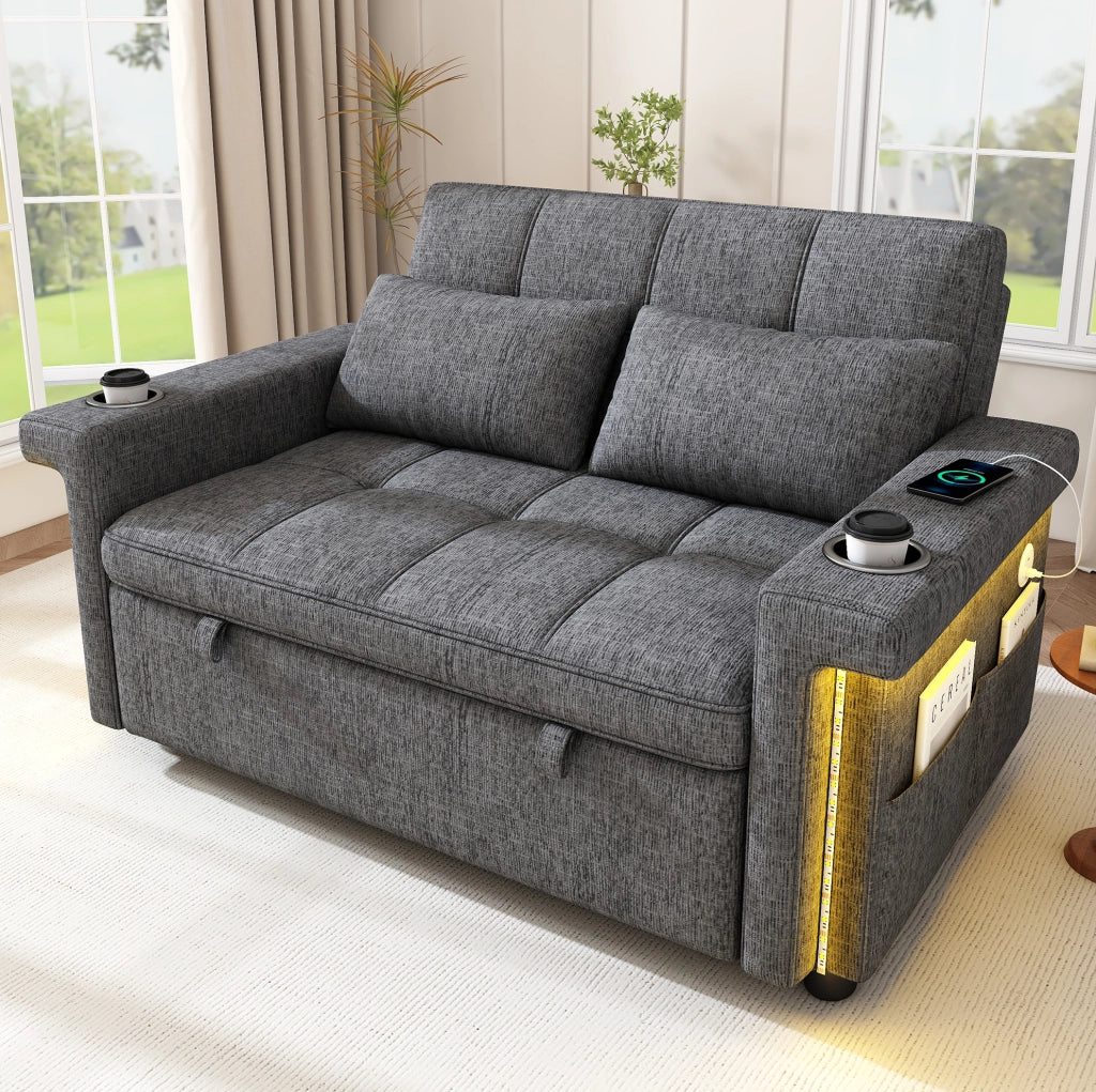 DIVANO LETTO 2 Posti 145 x 141,5 cm Chenille Grigio LED USB Type-C