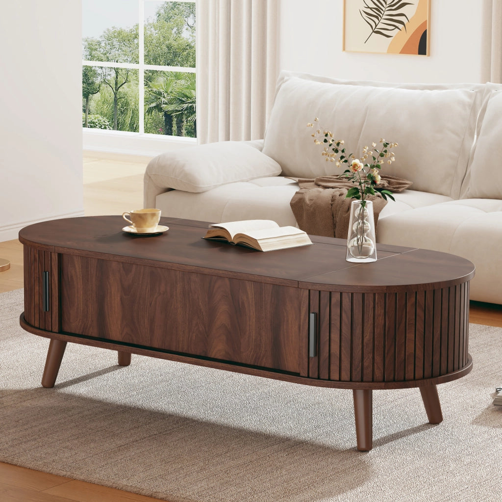 Tavolino da caffè sollevabile 120x50 cm con vano contenitore e ripiani noce