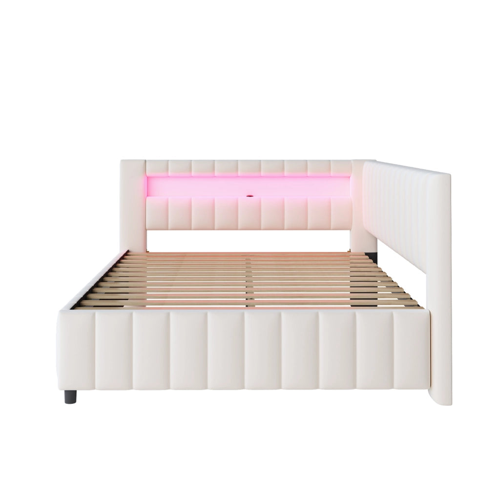 Divano Letto Imbottito in Velluto 140x200 cm con LED e Porta USB, Design a L, Beige