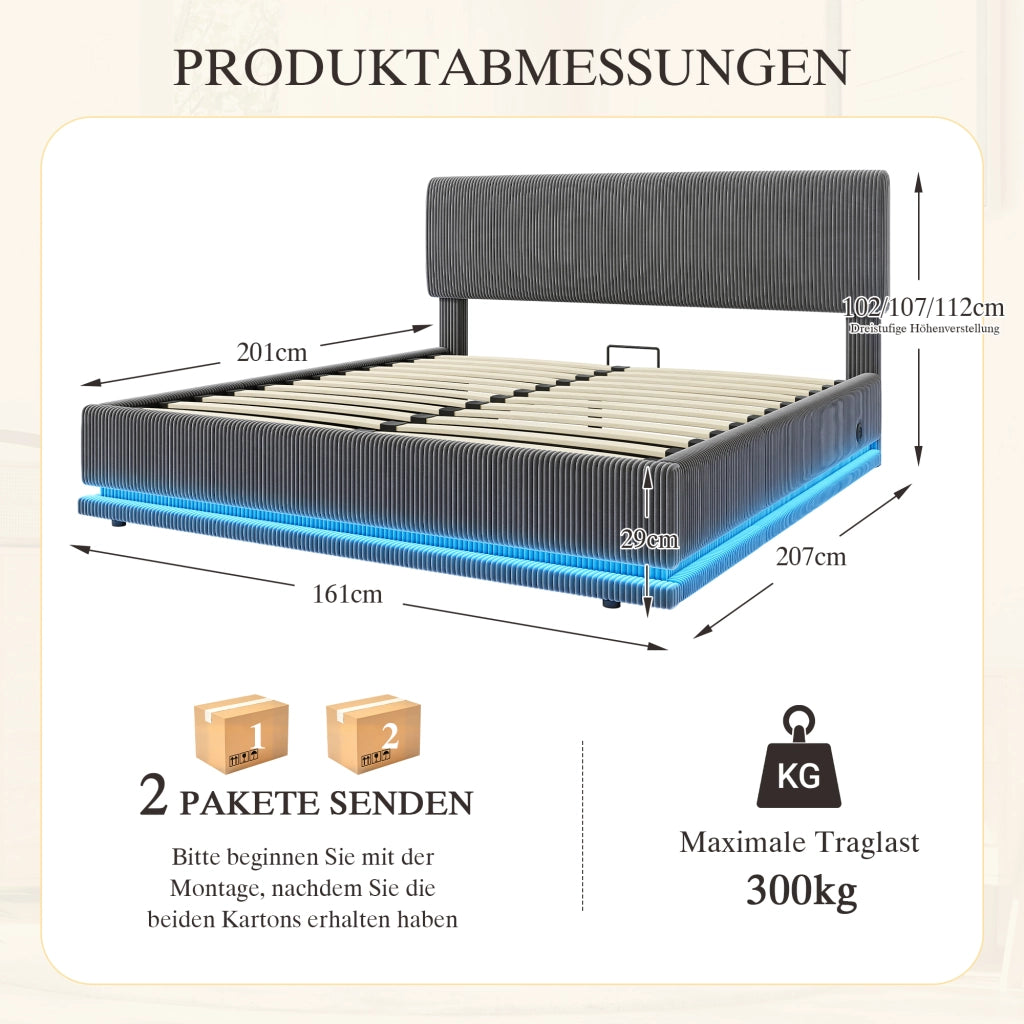 Letto contenitore 160 × 200 cm con testiera regolabile LED USB-C in tessuto a coste grigio scuro