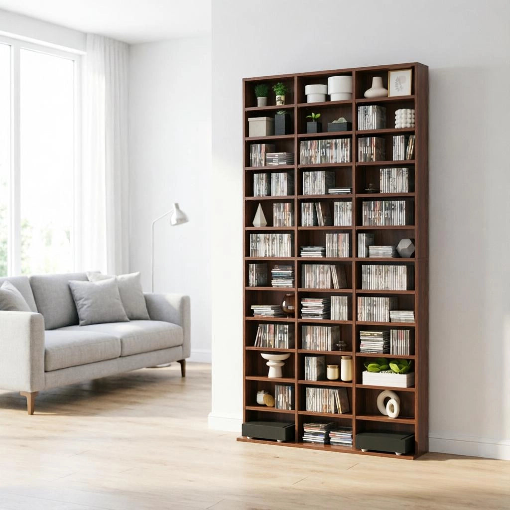 Scaffalatura porta CD e DVD con 36 vani e alcuni ripiani regolabili in MDF marrone 102 × 23.5 × 195 cm