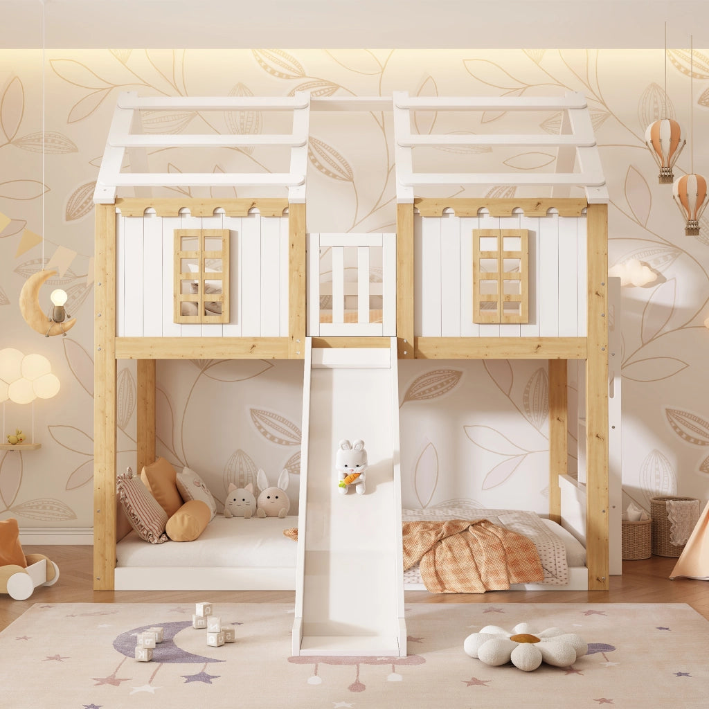 Letto a castello a casetta per bambini 90 x 200 cm; con scivolo; scala flessibile; protezione anticaduta a 360  ; finestra; struttura in legno; bianco