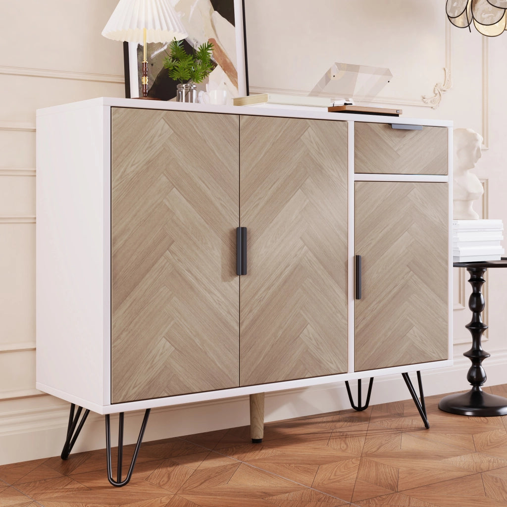 Mobile contenitore moderno bianco e effetto legno, 1 cassetto, ripiani regolabili in altezza (90 x 30 x 71,5 cm)