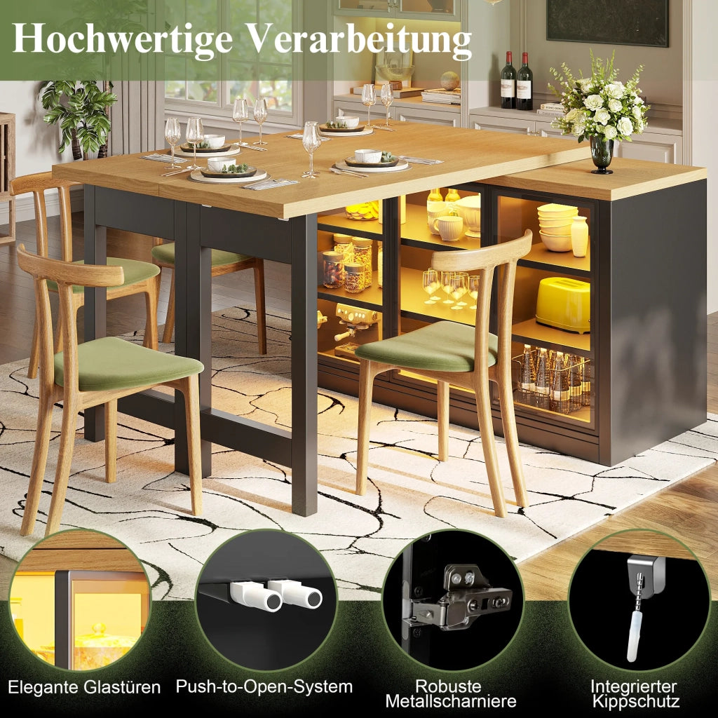 Tavolo da pranzo multifunzione con credenza laterale, isola cucina estraibile nera, design moderno, rotazione 360°, sistema luci smart