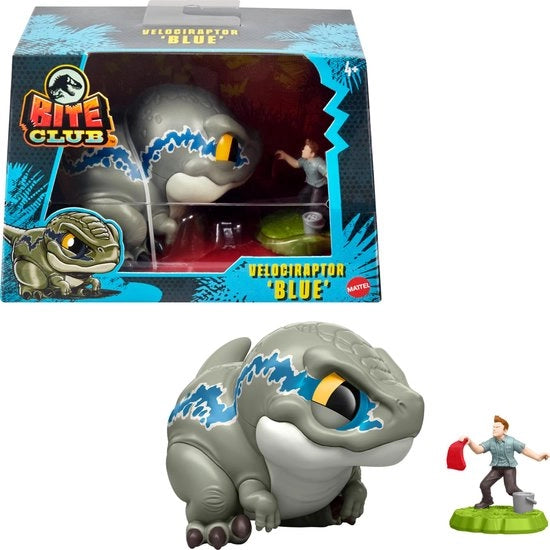 Figura e accessori del Velociraptor del Club Morsa del Giurassico in blu