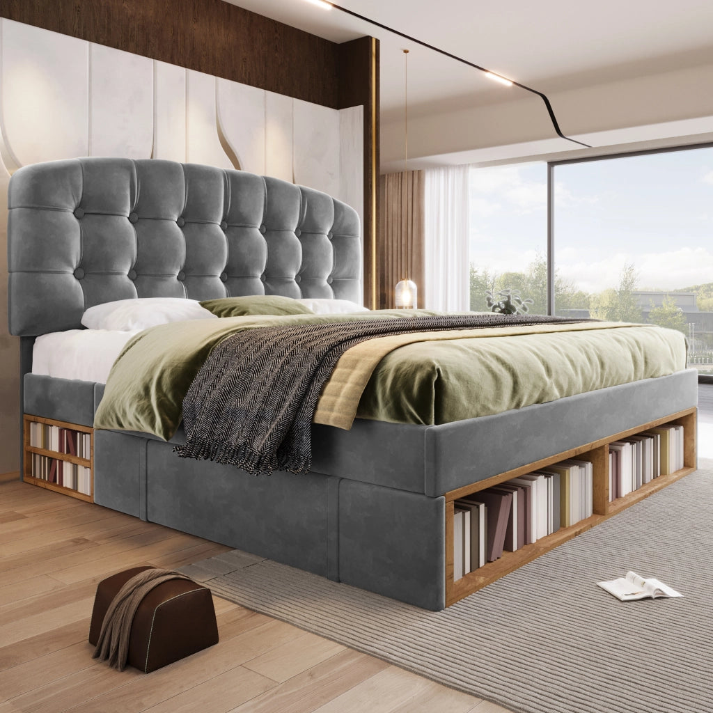 Letto con cassetti 140 × 190 cm con testiera regolabile rivestito in velluto grigio e rete a doghe