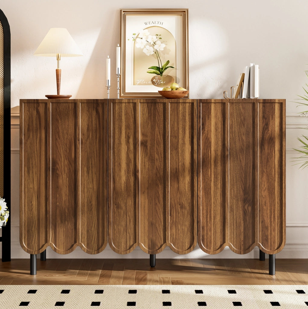 Sideboard moderno color noce con ante a onde e ripiani regolabili 120x35x80 cm senza maniglie