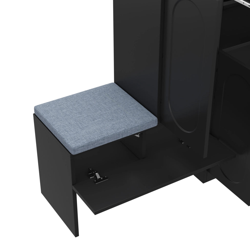 Scarpiera 2-in-1 con seduta imbottita, ante curve soft-close, ripiani regolabili, nero, 130×35×110 cm