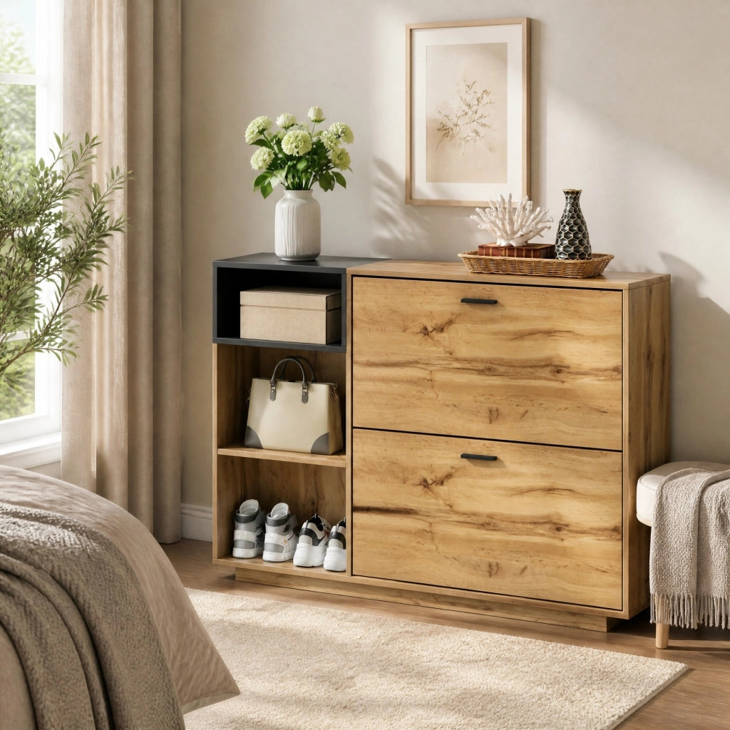 Scarpiera in MDF con 3 vani aperti e 2 scomparti a ribalta; 120 ¡Á 32 ¡Á 84;5 cm; naturale e nero