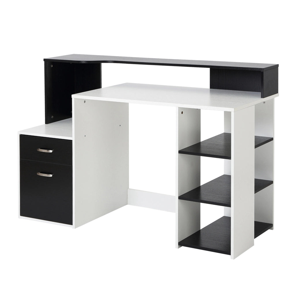 EasyComfort Scrivania per Ufficio con Ripiano Stampante, 2 Cassetti e 3 Mensole, in MDF Bianco e Nero, 137 x 55 x 92cm