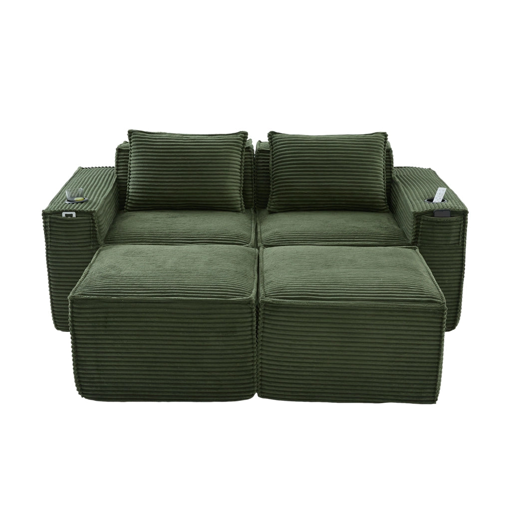 Divano modulare 2 posti con pouf, porta bicchieri e tasche laterali, verde