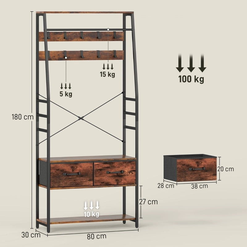 Guardaroba da ingresso 80x30x180 cm con panca portascarpe e 10 ganci in legno e metallo marrone rustico