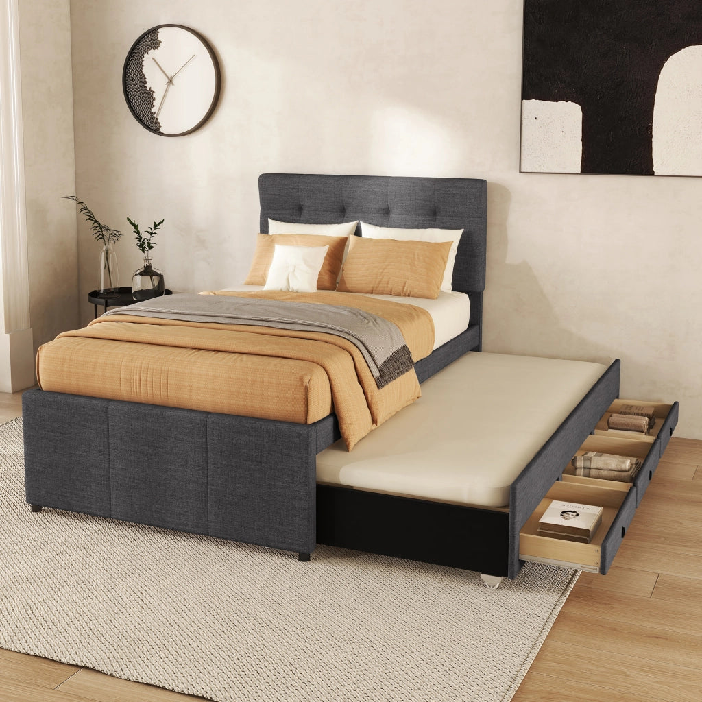 Letto singolo imbottito estraibile con tre cassetti testiera regolabile in lino grigio