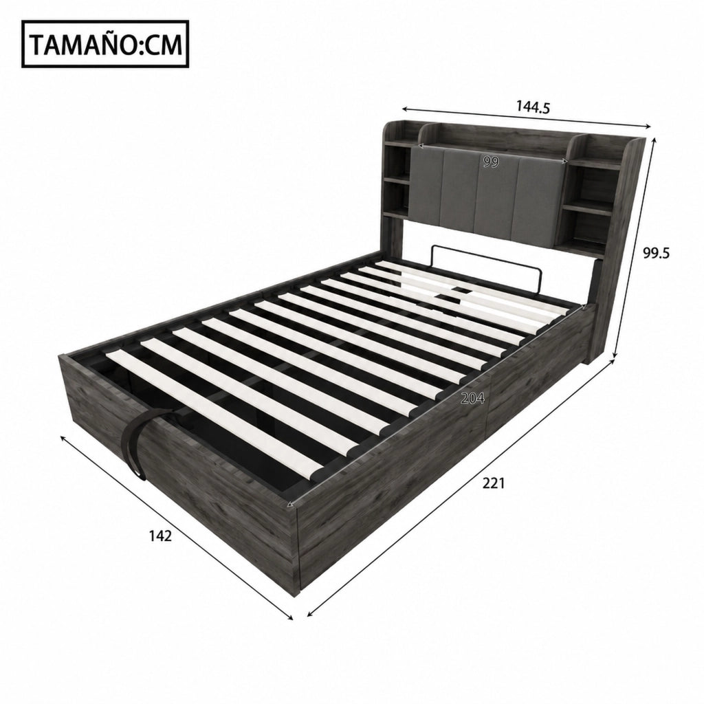 Letto contenitore 140 × 200 cm con testiera a ripiani MDF grigio prese USB e Type-C sollevamento idraulico