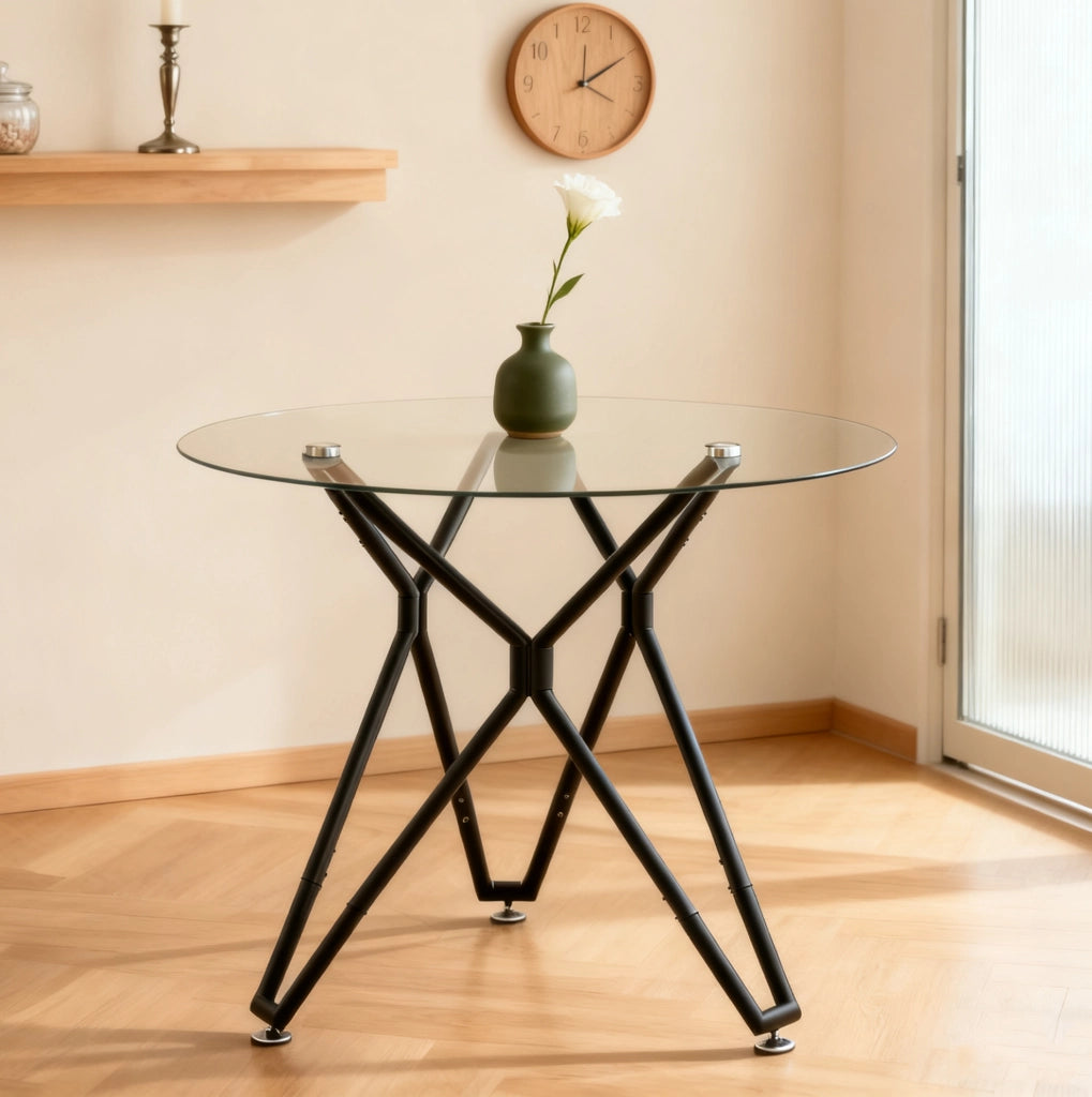 Tavolo da pranzo rotondo 90 cm in vetro temperato con gambe in metallo nero, adatto per 1-4 persone