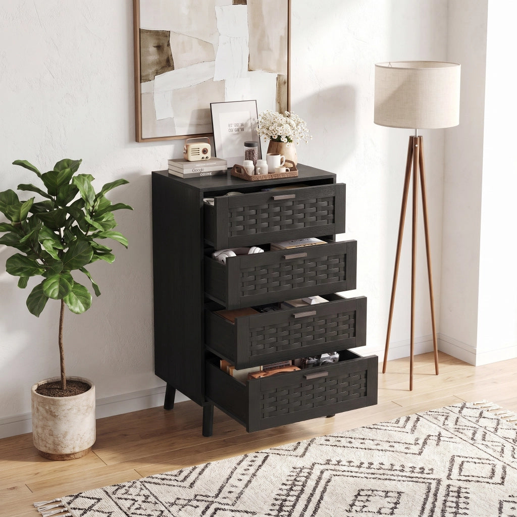 Cassettiera 55x40x95 cm 4 cassetti mobile contenitore in legno e PVC rattan per soggiorno - nero