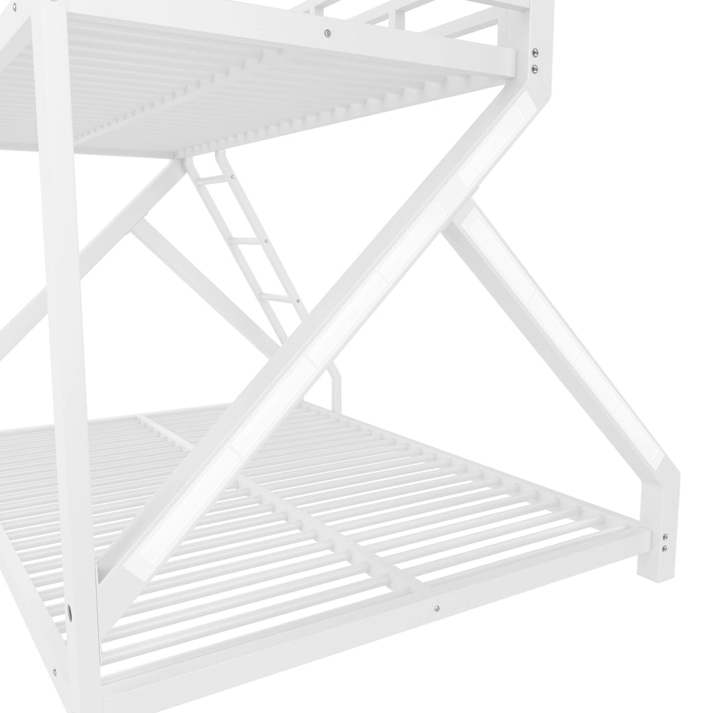 Letto a Castello in Ferro 90x200 cm e 140x200 cm con Striscia LED, Corrimano di Sicurezza e Scala, Bianco, Senza Materasso